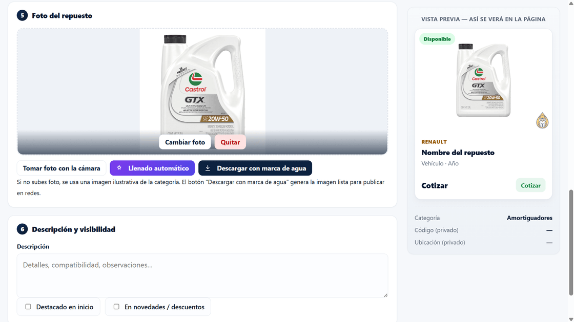 Formulario de inventario vacío antes de usar la IA